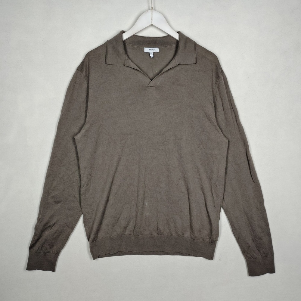 Reiss Extra Fine Wool Long Sleeve Polo Sweater Taupe Brown XXL